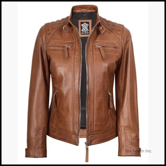 Lambskin Leather Jacket Women Quilted Cafe Racer Style